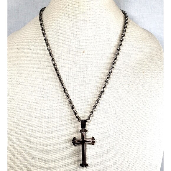 Vintage Stainless Steel 3D Cross Pendant Thick 23" Rope Necklace - Picture 3 of 16